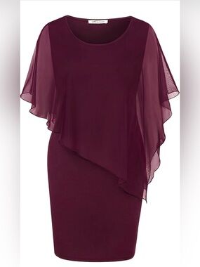 NWT Elegant Asymmetrical Sheer Cape Dress in Burgundy, XL